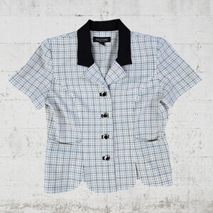 90s Vintage White Black Graph Check Short Sleeve Button Down Blazer Size 8P